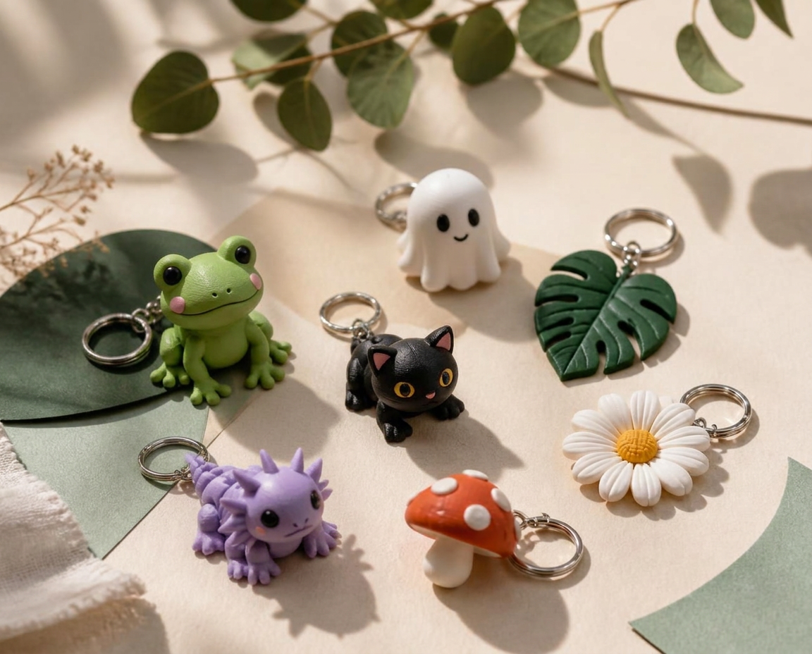 Chaveiros 3D de sapinho, gatinho, fantasma, flor e outros personagens